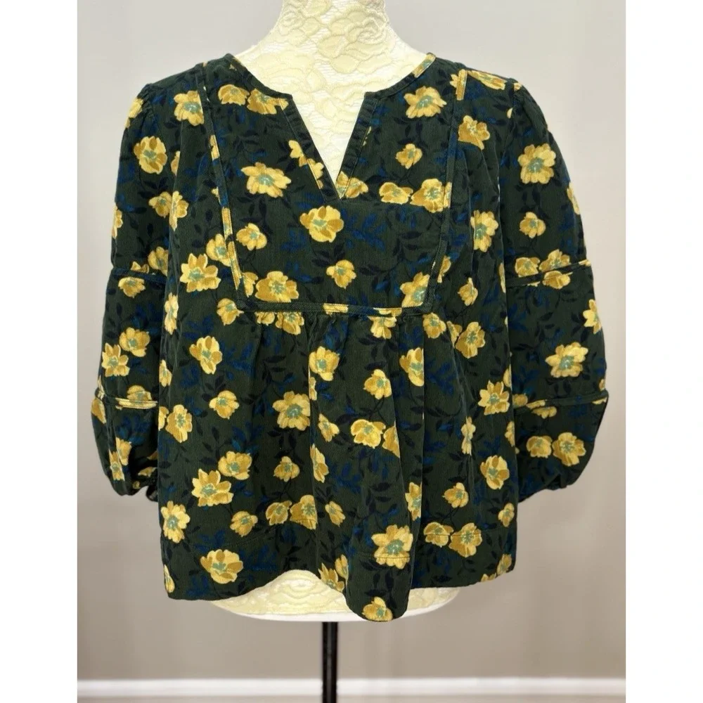 Sonoma Womens PXL Corduroy Tunic Top Floral Yellow Green V Neck Puff Sleeve Boho